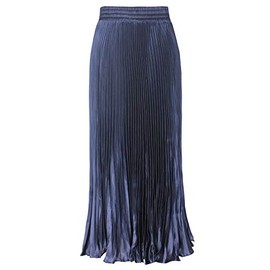 ebossy Women's Boho Satin Metallic Pleated Accordion Skirts Elastic High Waist Flowy A Line Shirring Maxi Long Skirt (One Size, Navy)