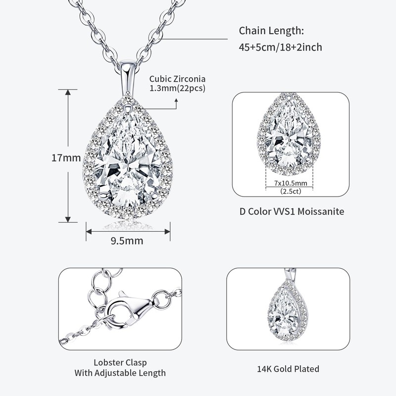 EONFUN 2.5CT Pear Moissanite Pendant Necklace for Women (Silver)