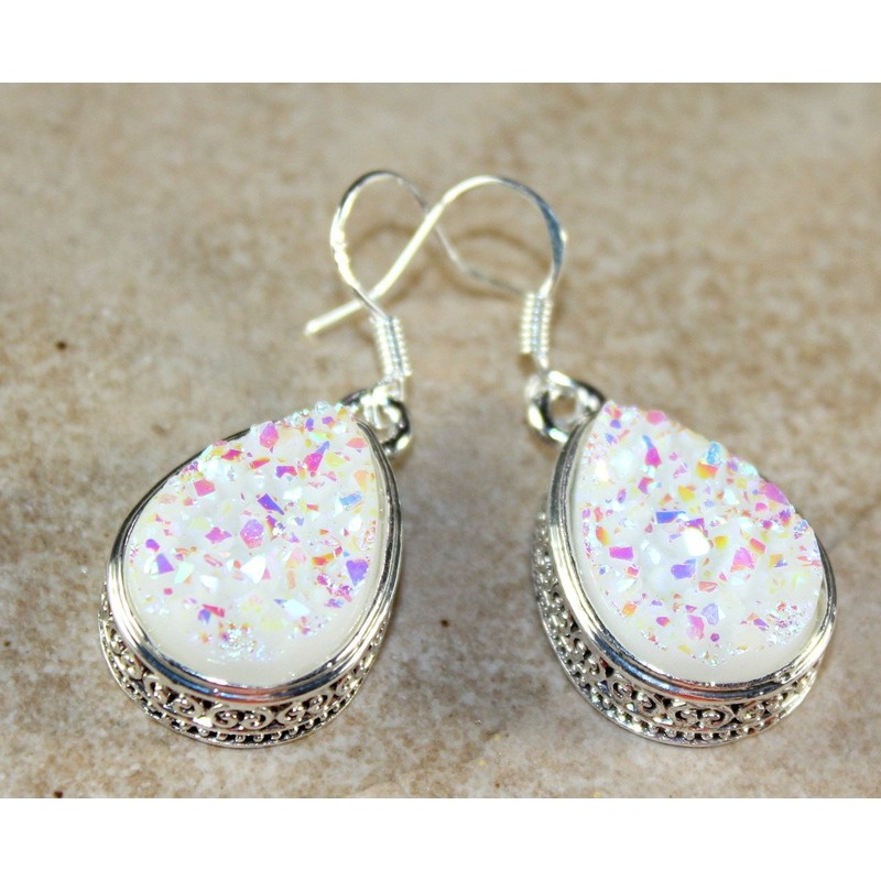 SILVER Vintage Style White Rainbow Titanium Druzy Teardrop Earrings