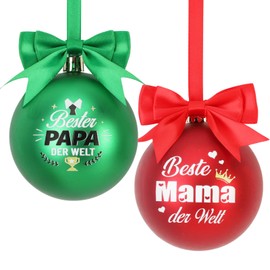 DPKOW 2 x Mum Dad Christmas Baubles Gifts, Best Mum Best Dad Christmas Baubles Made of Plastic, Sons Daughters Gifts for Mum and Dad Christmas Tree Bauble Red Green 80 mm Shatterproof