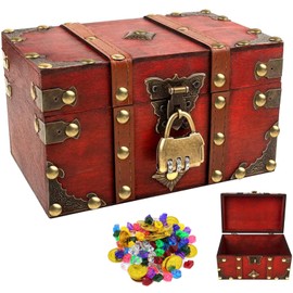 18 x 11.5 x 10.5 cm Vintage Wooden Treasure Chest with Combination Lock, Dark Red Wooden Treasure Chest for Storage and Decoration, Children's Toy Treasure Chest with Lid, Pirate Storage, Small Wooden