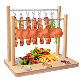 Triceratops Bacon Display Rack, Wood Bacon Serving Dishes, Bacon Hanger Charcuterie Cheese Board with Stainless Steel Serving Platter Tray, Ideal Warming Gifts (Set of 1, 2 Rows)