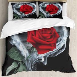 AOXHFNV Rose Duvet Cover Set 3D Red Rose Bedding Set Girls Creative Rose Bedding Set 3-Piece with 2 Pillowcases (Red, 135 x 200 cm)