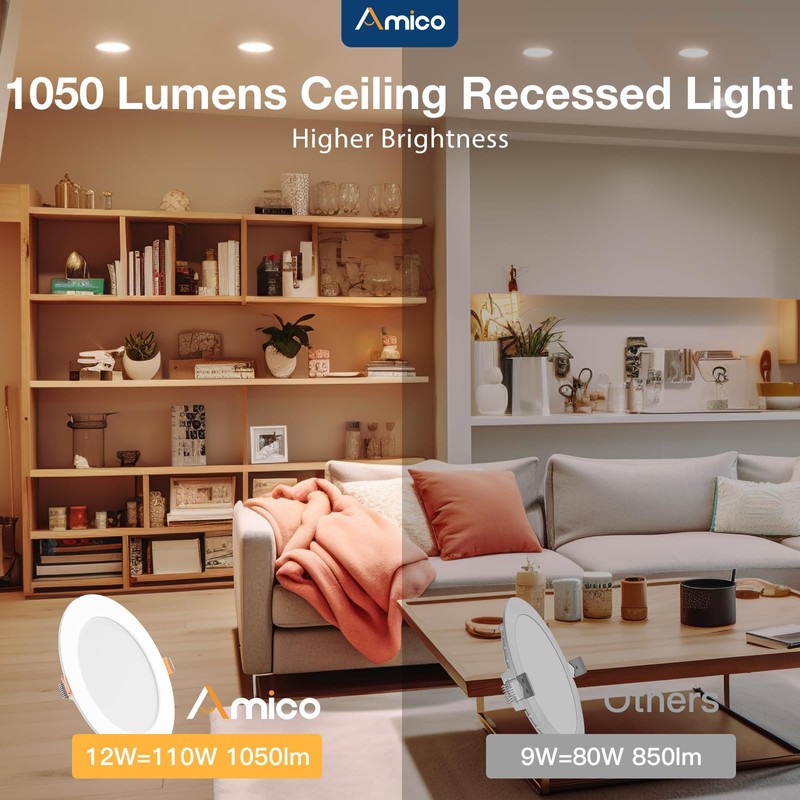 Amico 12 Pack 6 Inch 5CCT Ultra-Thin LED Recessed Ceiling
