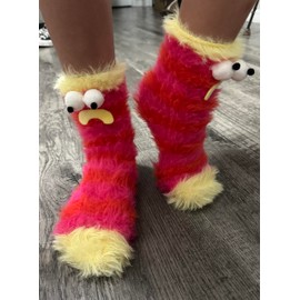 Funny Monster Plush Socks, Fuzzy Pink and Yellow, Novelty Character Design