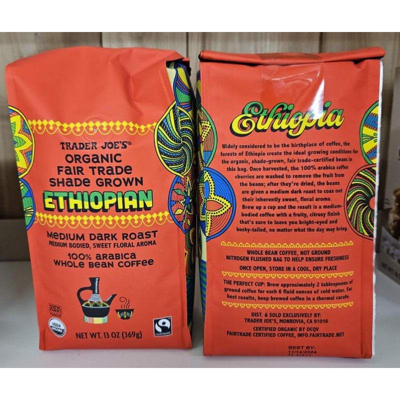 Trader Joe Organic Ethiopian Medium Dark Roast Whole Bean Coffee