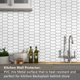 Vamos Tile Long Hexagon Peel and Stick Backsplash Tile - 10 Sheets Stick on Backsplash for Kitchen and Bathroom 12.4 x 12 Inch Dolomite Marble Look PVC Self Adhesive Mosaic Wall Tiles