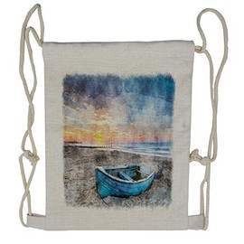 Lunarable Sunrise Drawstring Backpack, Fishing Boat on the Beach, Sackpack Bag
