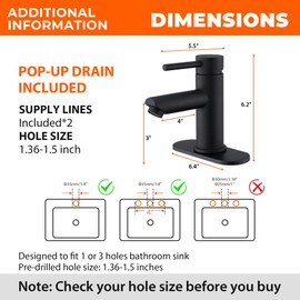 KPW Bathroom Faucets Stainless Steel Single Handle Matte Black Faucet Deck Mount 1 or 3 Hole with Deck and Pop-up Drain Water Supply Hoses