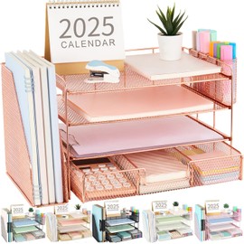 gianotter Desk Organizers and Accessories with File Holder, 4-Tier Desk Accessories & Workspace Organizers with Drawer and 2 Pen Holder, Paper Organizer for Office Supplies (Rose Gold)
