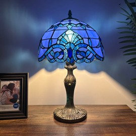 enjoy decor lamps Stained Glass Table Lamp Blue Baroque Style LED Bulb Included for Living Room Bedroom Bedside 12" W*12" D*19" H