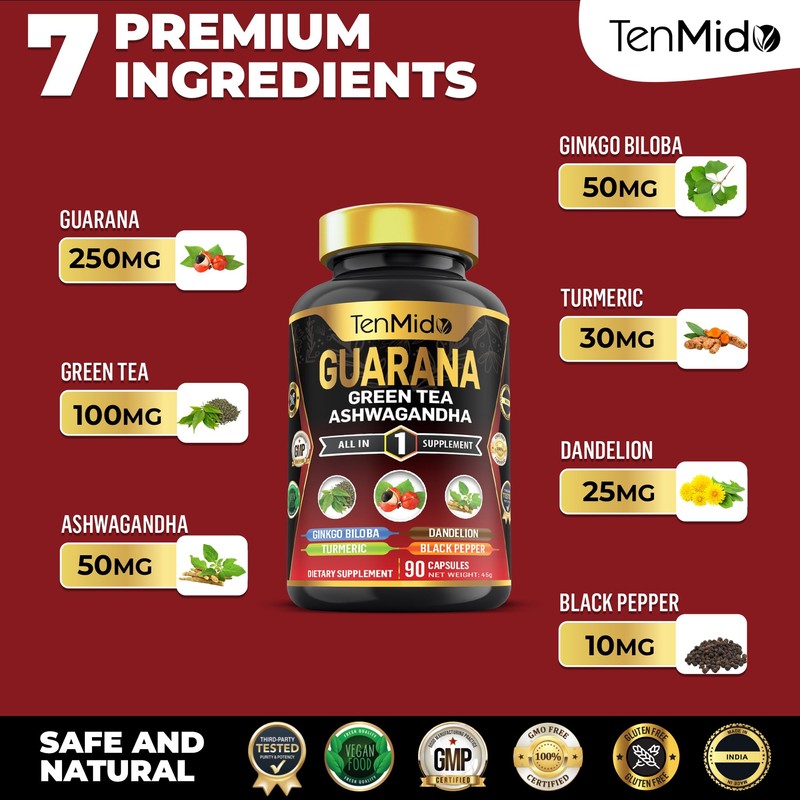 Tenmido Guarana & Green Tea Supplements - 7in1 with Ashwagandha,