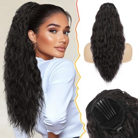 BARSDAR Comb Clip Ponytail Hairpiece, 56 cm Curly Wavy Ponytail Extension Dark Brown with Drawstring Synthetic Clip-In Ponytail Hair Extensions Hairpieces - Dark Brown