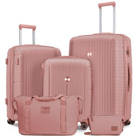 Joyway Luggage Sets 5 Piece PP Hardshell Carry on Suitcase, Travel Lightweight Carry-on with Double Spinner Wheels and TSA Lock, Rose Gold