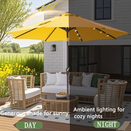 AYGE 9FT Solar LED Patio Umbrella with 32 Lights and Tilt Crank, Outdoor Market Umbrella with Solar Charging Panel, Sunshade for Deck, Pool,Garden, Backyard，Yellow