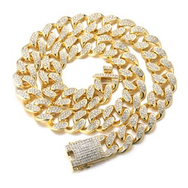 Halukakah Men's Gold Chain Iced Out, 20 mm Men's Cuban Chain Miami 18 Carat Real Gold-Plated / Platinum Plated White Gold Collar Necklace Bracelet, Full CZ Diamond Prong Set, Gift for Him, Metal,