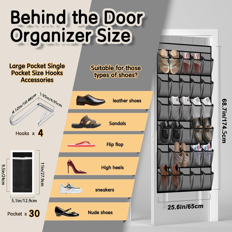 Kotkn Over the Door Shoe Organizer with 30 Breathable Mesh