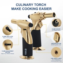 Butane Torch, Premium Double Flame Big Kitchen Torch Lighters with Safety Lock Adjustable Refillable Multipurpose Culinary Blow Torch for Creme Brulee, Baking, BBQ (Butane Gas Not Included) (gold)