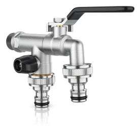 Brandson - Garden Tap - Double Outlet Tap - 1/2 Inch Input 2 x 3/4 Inch Outlet Including Hose Connections - Ball Outlet Valve - Nickel-Plated Brass - Rust and Frost Proof