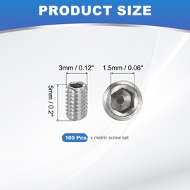 PATIKIL 100 Pcs Hex Socket Grub Screw, M3x5mm Flat Point Grub Bolt 304 Stainless Steel Head Socket Set Screws for Door Handles Light Fixture Repair