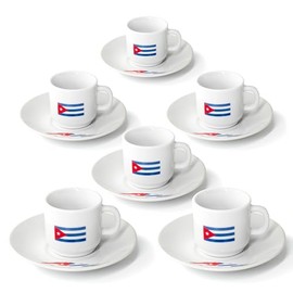 YSSER Cuban Flag Espresso Cup Set, 2.5 oz Cups with Matching Saucers, White Ceramic, 12 Piece Set