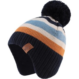 Malaxlx Baby Striped Navy Blue Pom Pom Beanie Hat Winter Warm Kids Knitted Earflap Hat Fleece Lined Ski Skull Cap for 2-4 Years Boys Girls