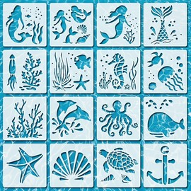 16PCS Reusable Stencils for Painting DIY Crafts, Sea Patterns Templates with Animal Designs, Cutouts for Painting, Sea Ocean Stencil for Wall Drawings and Art Projects, Stencils for Crafts Reusable