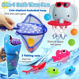 CORPER TOYS 18-pcs 3 in 1 Bath Toys Water Play Set for Toddlers with Elephant Basketball Hoop, Fishing Nets & Colorful Fish & Balls Bathtub Toy for Boys Girls 3+