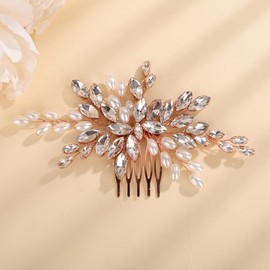 Teyglen Bride Crystal Wedding Hair Comb Pearl Bridal Headpiece Sparkly Rose Gold Rhinestone Pearl Hair Side Comb Handmade Crystal Hair Piece Hair Accessories for Women (Rose gold)