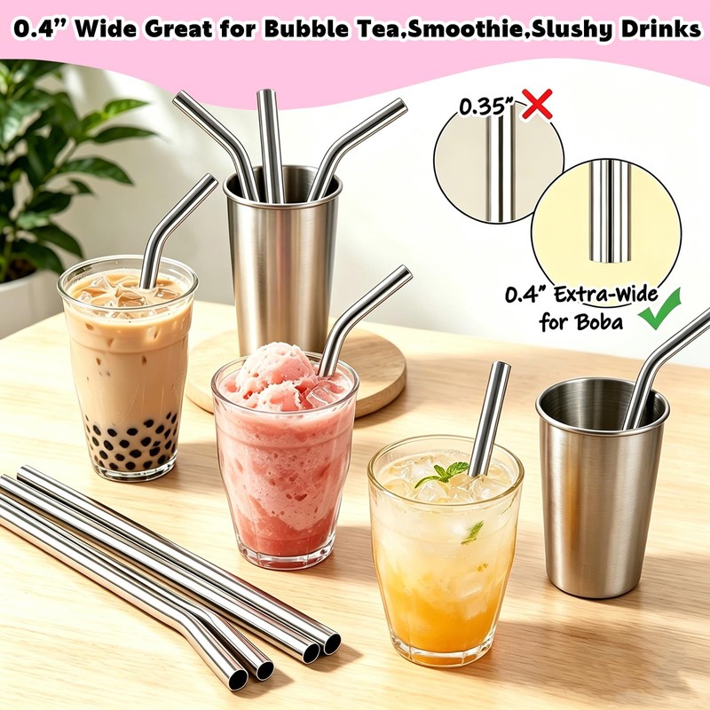 XccMe 6 PACK Stainless Steel Smoothie Straws,0.4'' Extra Wide Reusable