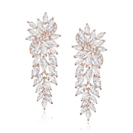EVER FAITH Wedding Cluster Jewelry for Brides Bridesmaid, Long Cubic Zirconia Drop Dangle Earrings for Women, Prom Pageant Anniversary Rose Gold Gold Tone
