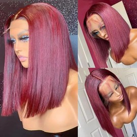 MYMYDA Short 99j Burgundy Bob Lace Front Wigs for Black Women Human Hair Pre Plucked with Baby Hair Glueless Wear and Go 180% Density Wine Red Color 10 Inch