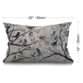 BGBDEIA Cushion Cover Ink Painting Blue Grey Lovely Birds branch Tree Leaves Rectangle Outdoor Cushion Covers 12x20 inch, 30 x 50 cm Cushion Cover with Invisible Zip for Sofa Chair Living Room