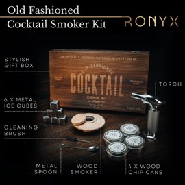RONYX Cocktail Smoker Kit with Torch –13pcs Cocktail Smoker Set - Old Fashioned Smoker Kit for Men – 4 Flavors Wood Chips – Innovative Cocktail Smoker Set for Drinks, Bourbon –Without Butane