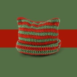 QOOEQPQY Gorro de punto gótico hecho a mano con orejas de gato, sombrero divertido Y2k para mujer, Red+green, Talla única