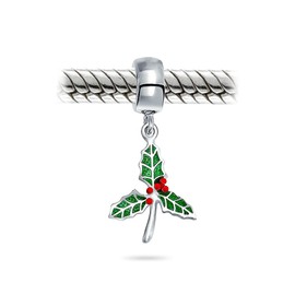 Christmas Holiday Kissing Green Mistletoe Holly Dangle Charm Bead For Women Teen .925 Sterling Silver Fits European Bracelet