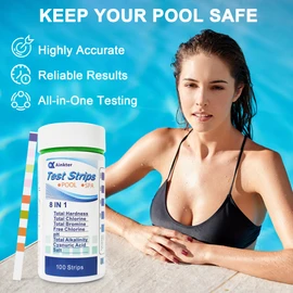 PoolTest strips 8-in-1 kit with 100 hot tub strips for above ground pools, spas and salt water minder - Tests pH, chlorine, bromine, alkalinity, hardness, cyanuric acid, salt