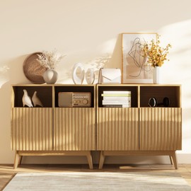 Dripex Set of 2 Modern Fluted Sideboards, Oak Storage Cabinets with Doors and Shelves, Wood Console Tables with Legs, Accent Credenza for Entryway or Living Room or Entryway