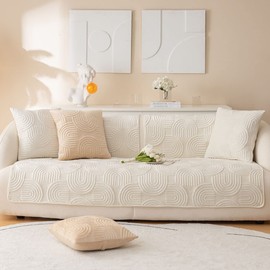 XSlive Soft Plush Geometric Quilted Couch Sofa Cover Boho Non Slip Fuzzy Sectional Couch Cover Solid Color Washable Sofa Slipcover Furniture Protector for Kids Dogs Cats (Ivory,28"x59")