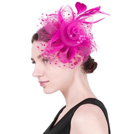 EDSPORT 3PCS Fascinators Hats for Women Tea Party Hat and Gloves, Headband Hair Clip Kentucky Derby hats for Wedding Cocktail Church Costume Events, Pink