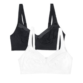 Fruit of the Loom Women's Seamed Soft Cup Wirefree Cotton Bra with Satin Trim, Black/White, 44C