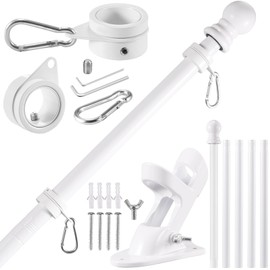 BONWIN White Flag Pole Kit for Outside House, 6FT Thickened Stainless Steel Wall Mount Flag Pole for 3x5'/ 4x6' Flag, 1" Anti-Wrap Spinning Flag Ring Clips & 2-Position Bracket Holder for Porch Yard