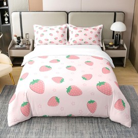 Loussiesd Strawberry Print 100% Cotton Bed Linen Set 135 x 200 cm Kids Girls Kawaii Pink Strawberry Duvet Cover Set Cute Fruit Bedding Set for Girls Room Decor Lightweight Bed Linen