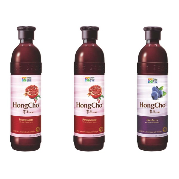 (Limited Quantity/Special Edition) Chung Jung One Hong Cho Drink Mix Concentrate with Vinegar (30.4oz) (900ml) 2 Pomegranate + 1 Blueberry (Pack of 3)