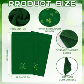 JarThenaAMCS 2Pcs Green St. Patrick's Day Hand Towels Cotton Embroidered Irish Shamrock Bathroom Towel Clover Absorbent Bath Towels for Spring Drying Cleaning Cooking, 29.5 x 13.7 Inch