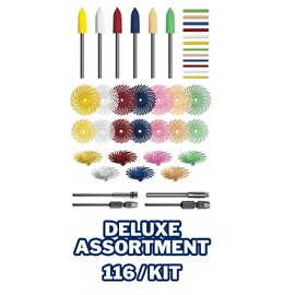 Dedeco Sunburst - Deluxe Assortment - 116 Piece Tool Set - 1/2 Inch Snap-On, 5/8 Inch & 7/8 Inch Discs, 2mm & 3mm Polishing Pins and Points in All Grit Textures Plus 5425, 5431, 7081 and 7083 Mandrels