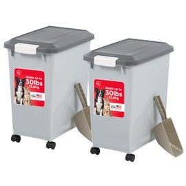 IRIS USA Dog Food Storage Container with Wheels, Airtight Lid, 2-Cup Scoop, Up to 30 Pounds Pet Food Storage, Built in Scoop Storage in Lid, Pet Food Bin, Portable, BPA Free, 2 Pack, Gray/Dark Gray