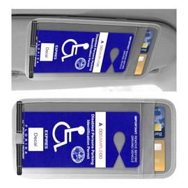 JOYCOURT Handicap Placard Holder for Car, Disabled Parking Permit Sign Protector, Car Interior Sun Visor Storage Clip with Pen Holder, Note Paper Slot, Elastic Strap (Grey)