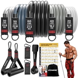 GYMERK Resistance Bands Set, Widerstandsbänder Krafttraining Mit Gummigriffe, Trainingsplakat, Knöchelriemen, Türanker, Tragtasche, 5er Widerstandsstufen Ideal für Krafttraining Physiotherapie