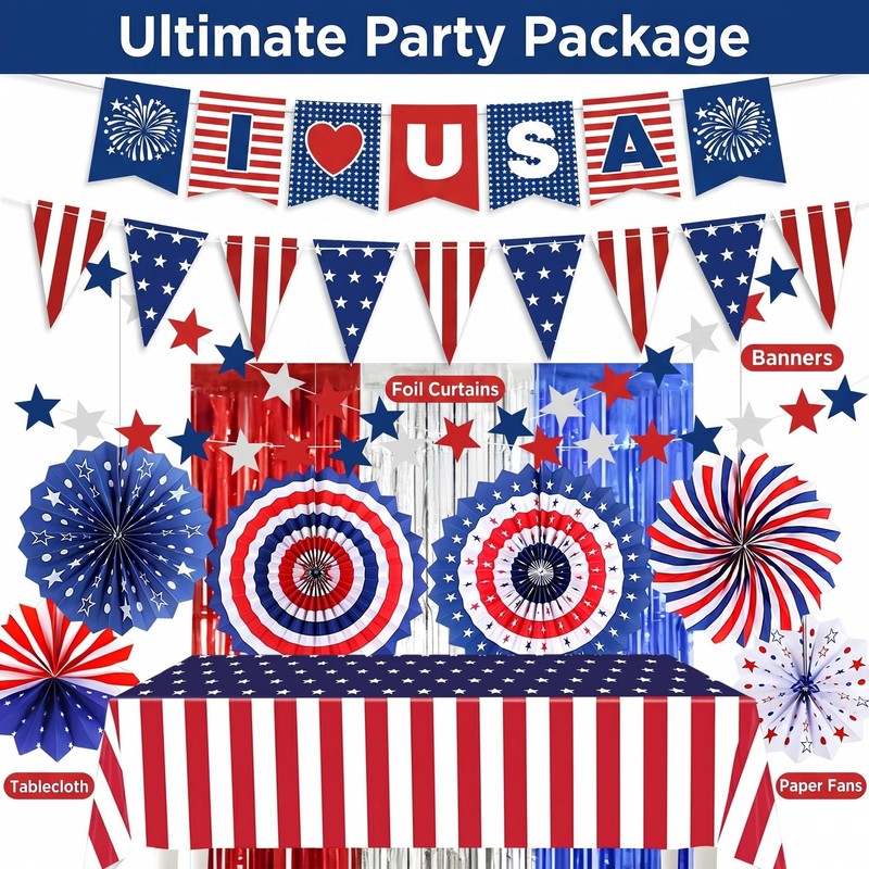 62PCS Patriotic Memorial Day Decorations Set,Red White Blue Paper Fans